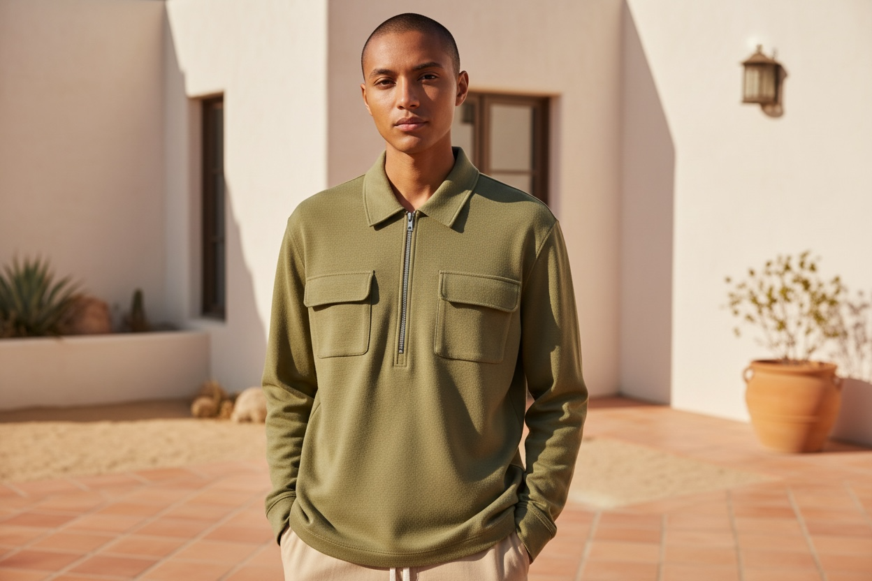 Men's Long Sleeve Zipper Polo with Pockets