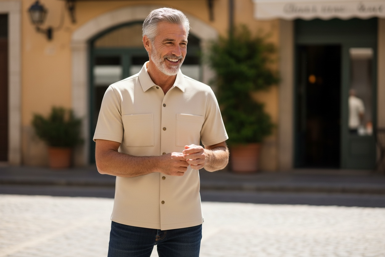 Tan short sleeve button tech shirt